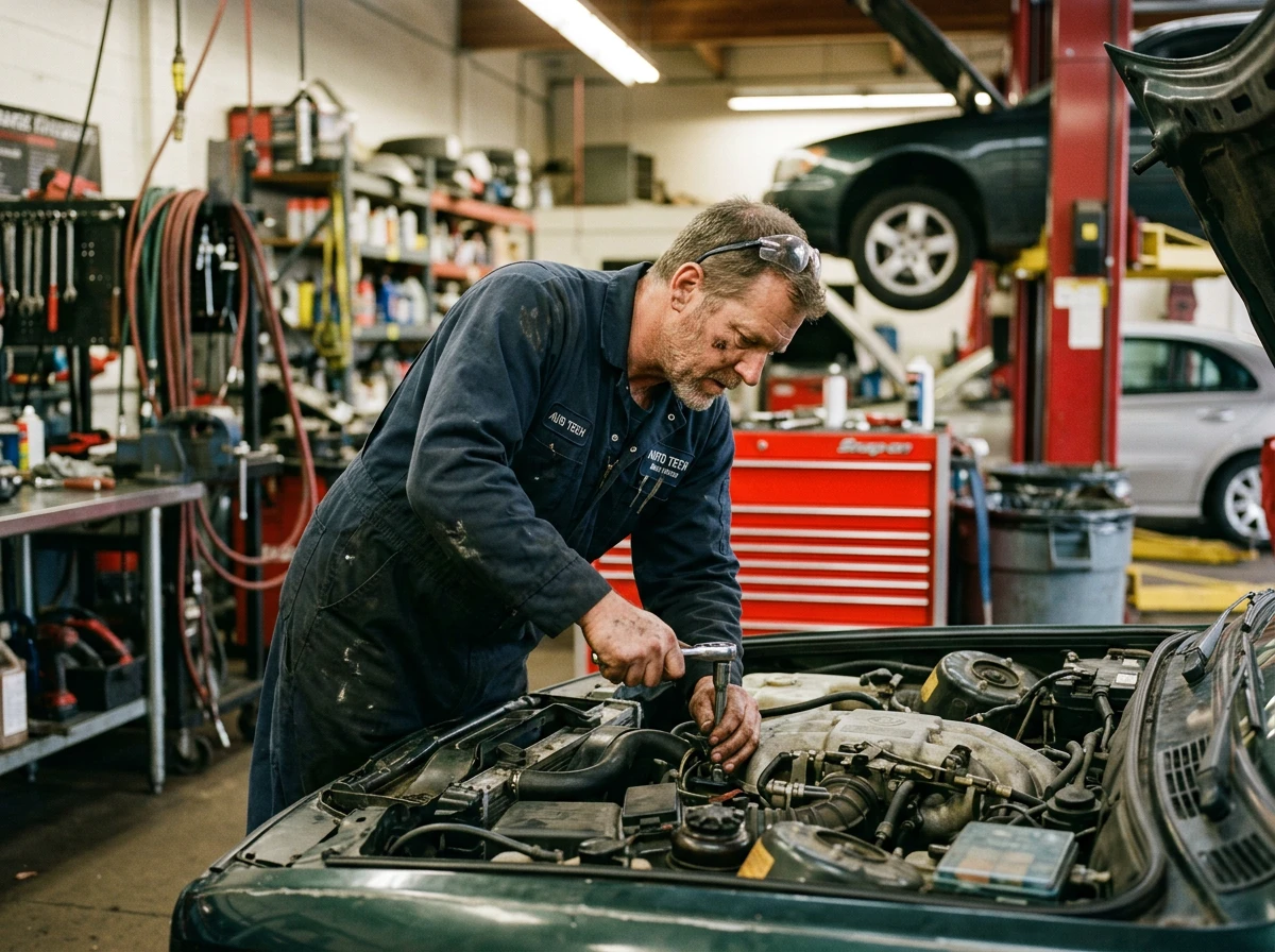 Un mécanicien travaille sous le capot d'une voiture dans un atelier de réparation automobile